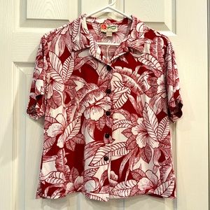 Classic Hilo Hattie’s Camp Blouse Women’s Hawaiian Shirt Sz L Hibiscus Print